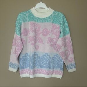 Vintage 1980’s Sweater Women M Pastel Retro Floral Barbiecore USA DJ Tanner